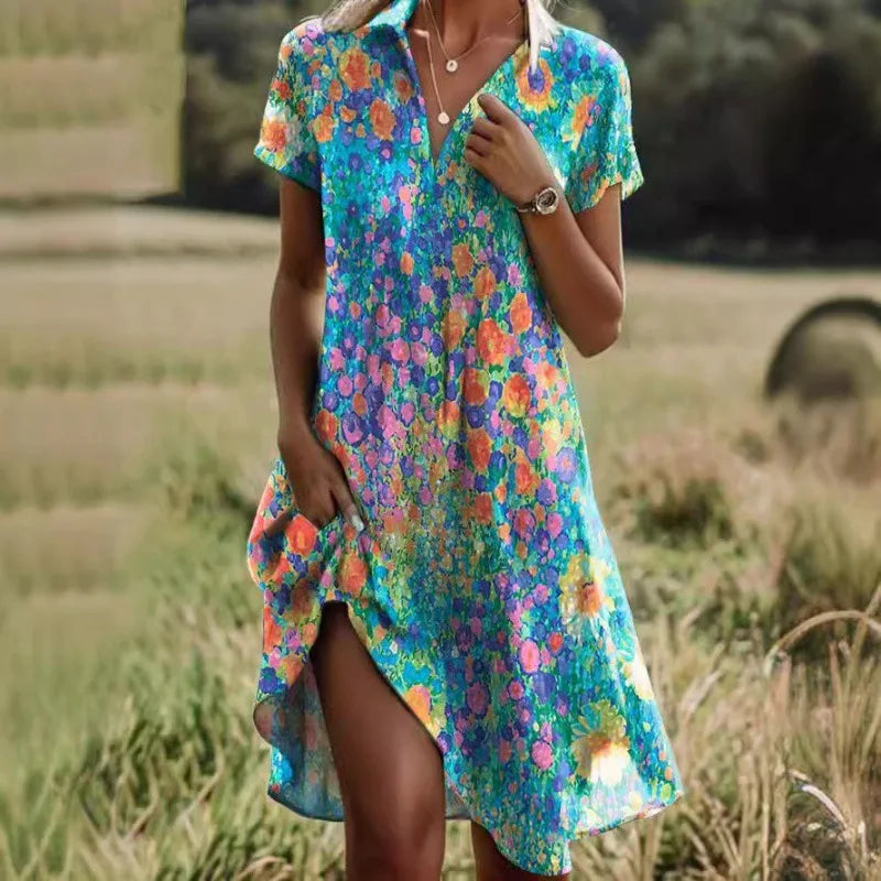 Carla™ | Stylish V-neck Buttoned Floral Dress